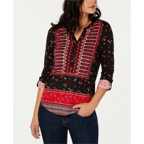 Style & Co. Tops - Style & Co Red & Black Printed Roll Tab Henley Top Petite Small